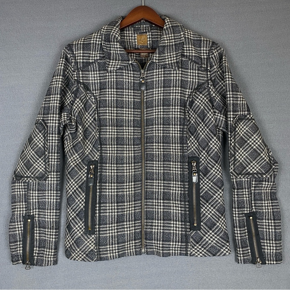 Ruff Hewn Womens L Wool Blend Plaid Full Zip Moto Jacket Black Cream
